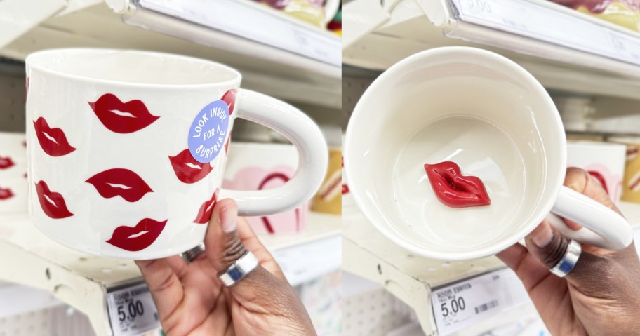 hand holding a red lips print mug with another set of lips inside at the bottom