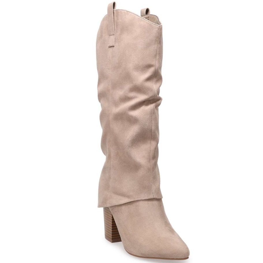 a taupe micro suede western styled boot with a cuff