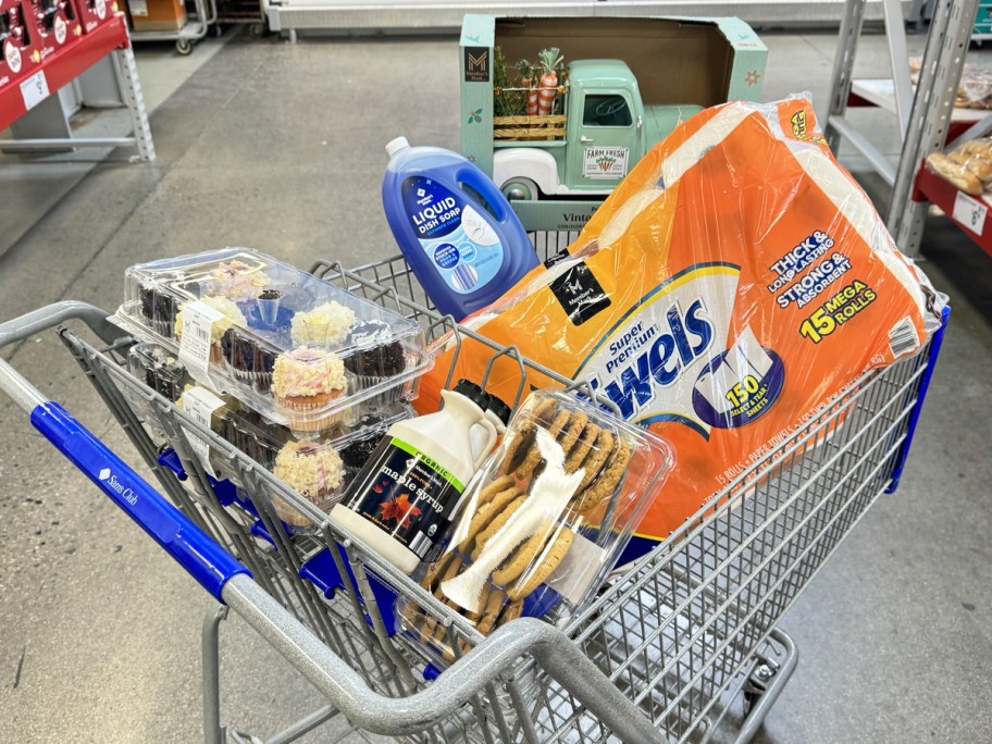 sam's club shopping cart full of grocery and household items