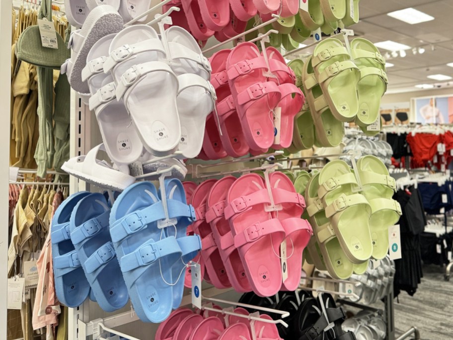 store display of women's sandals in various colors