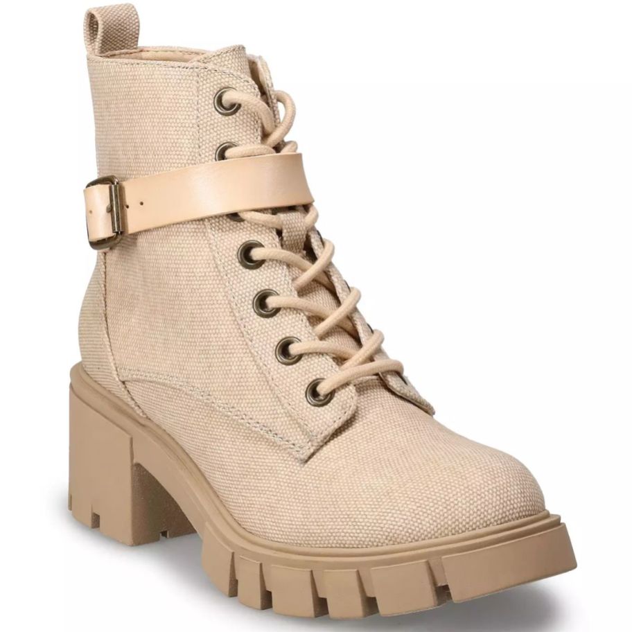 a taupe heeled hiking boot
