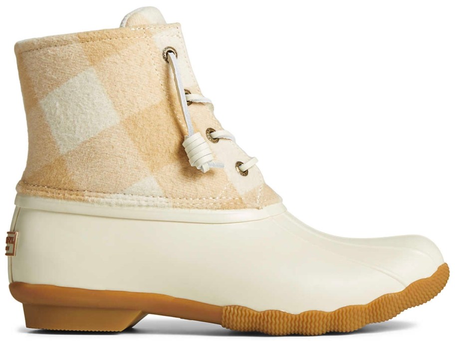 Sperry Women's Saltwater Duck Boots in white with buffalo check