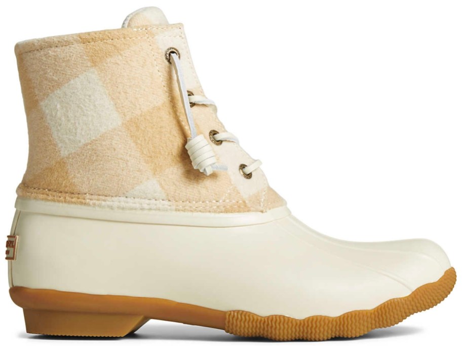 Sperry Women's Saltwater Duck Boots in white with buffalo check