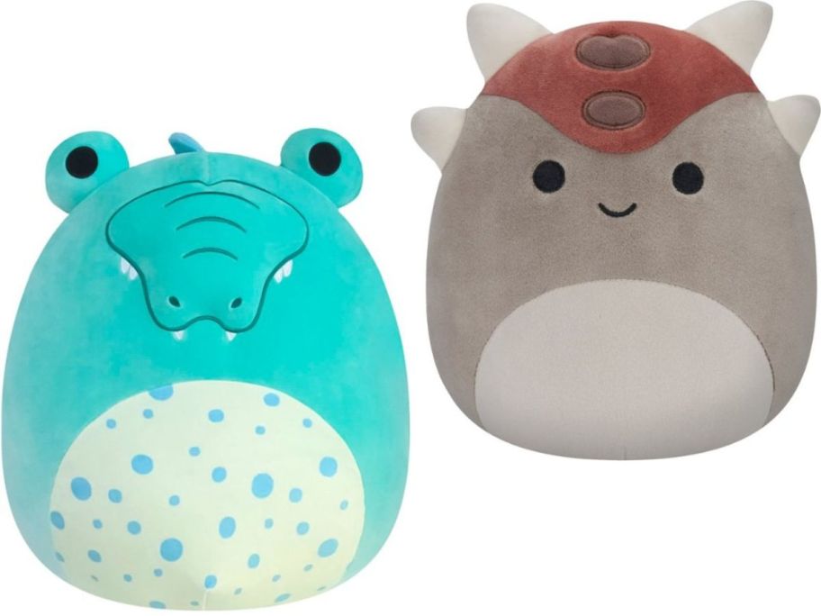 Stock images of Squishmallows alligator and armored dino plush