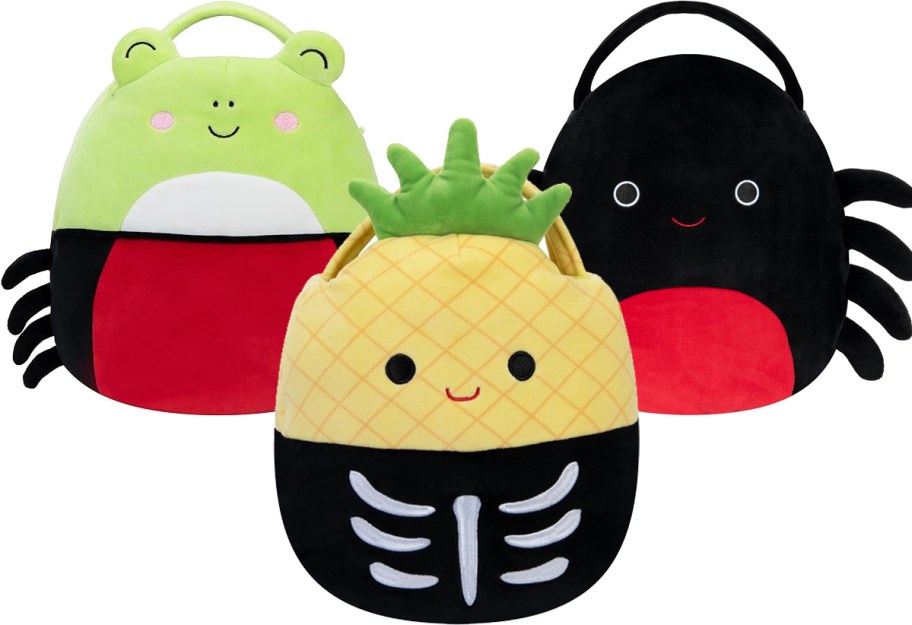 frog, pineapple, and spider Squishmallows Halloween Treat Pails