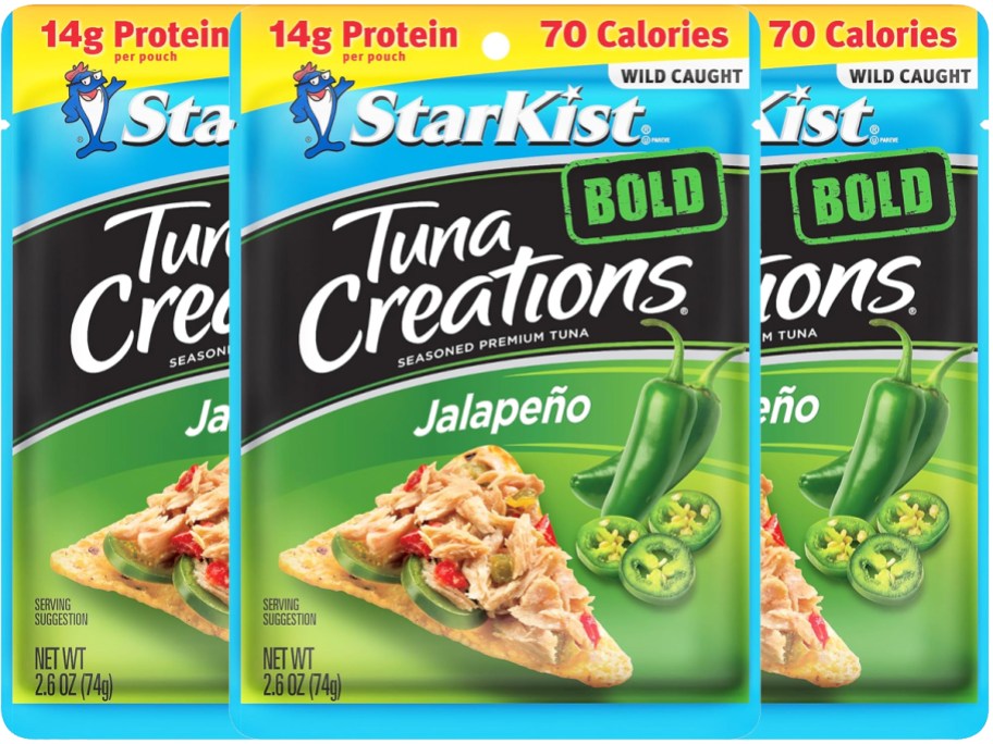 three packs of StarKist Tuna Creations Jalapeno