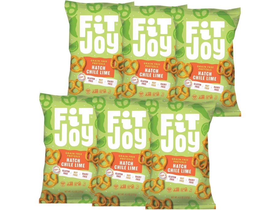 Stock image of FitJoy Gluten Free Pretzels 6 Pack- Hatch Chile Lime Twists