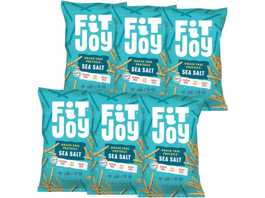 Stock image of FitJoy Gluten Free Pretzels 6 Pack- Sea Salt Sticks