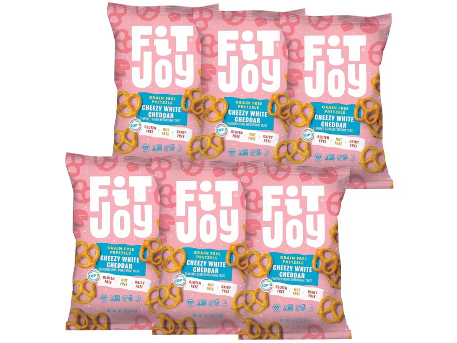 Stock image of FitJoy Gluten Free Pretzels 6 Pack - White Cheddar Twists