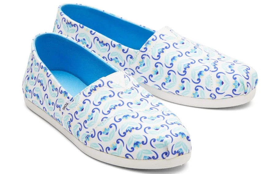 blue and white floral print toms shoes