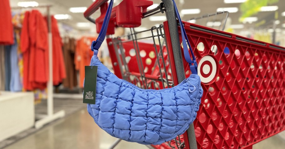 blue half-moon bag hanging from red target shopping cart