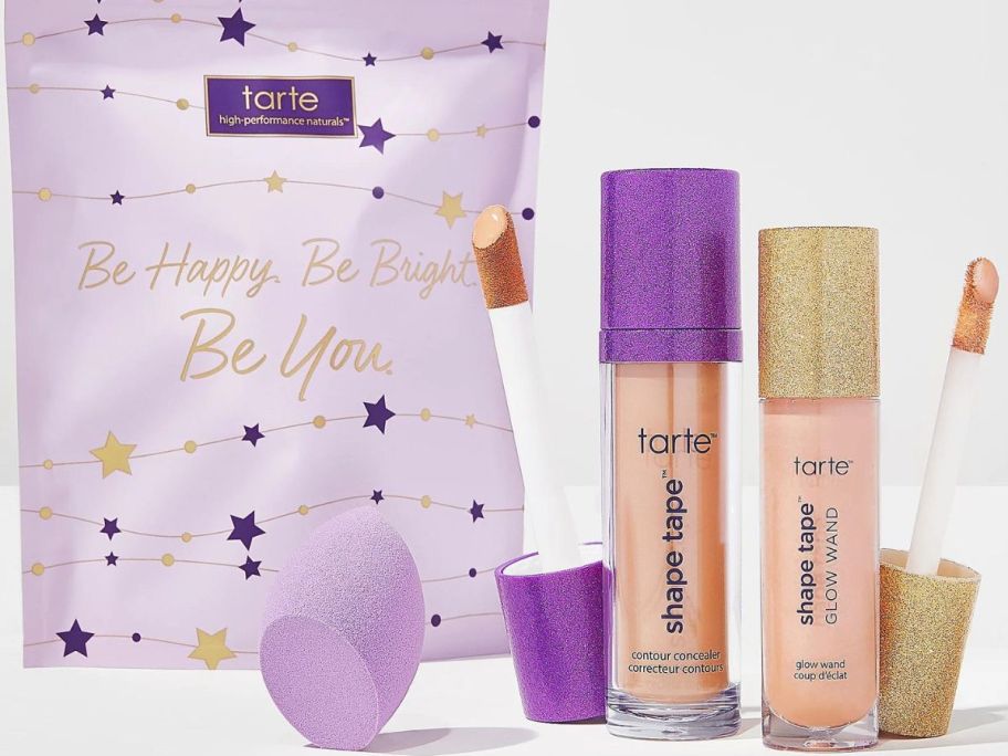 A Tarte Shape Tape Skincare Trio set from QVC with a shape tape concealer, glow wand and blending sponge