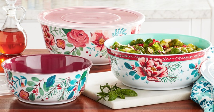 set of printed serving bowls on counter