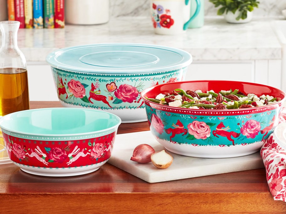 printed serving bowls on counter