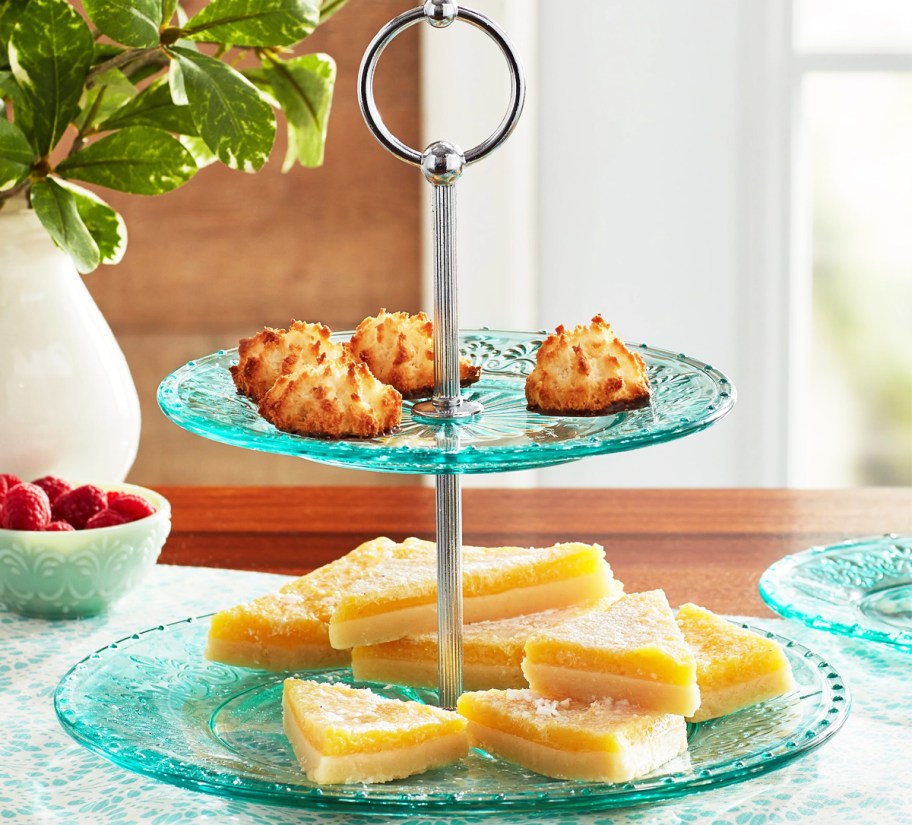 teal 2-tier serving tray with cookies 