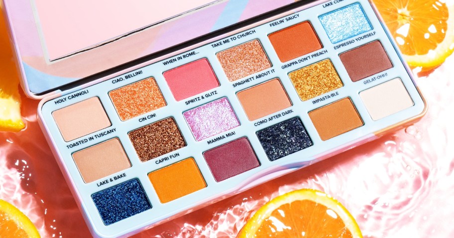 close-up of opened eyeshadow palette