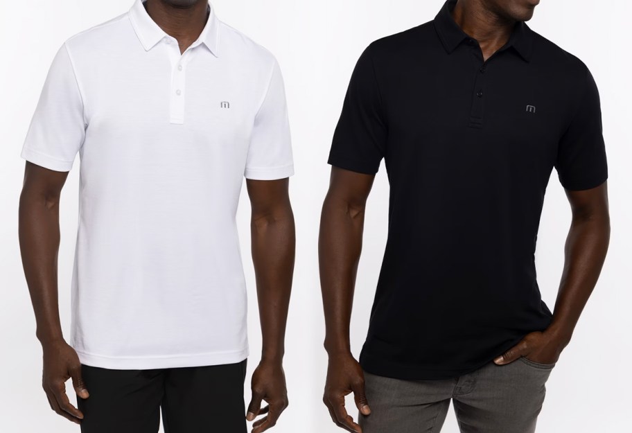 two men in white and black polos