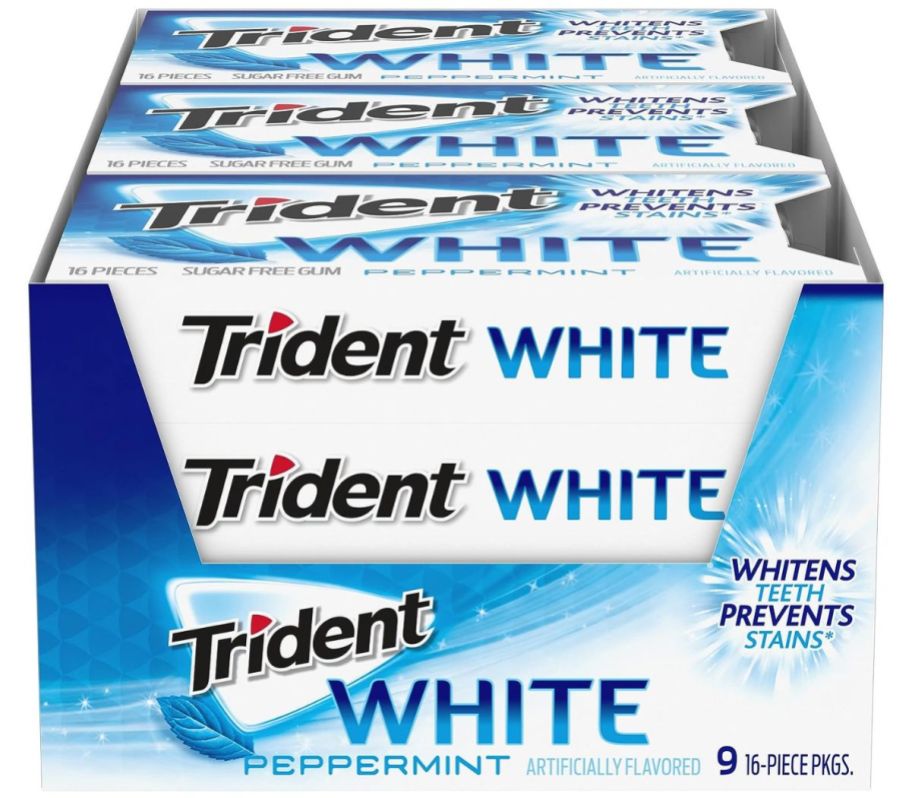 a 9-pack box of Trident White Sugar Free Gum on a white background
