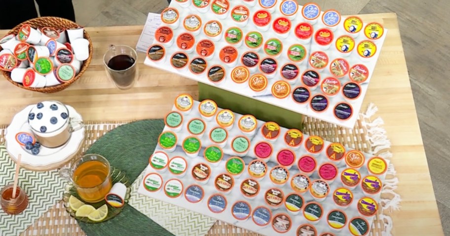 k-cups in various flavors on display on table