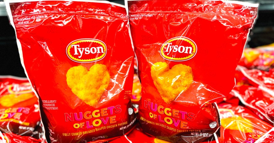 Bags of heart shaped Tyson chicken nuggets at Walmart store