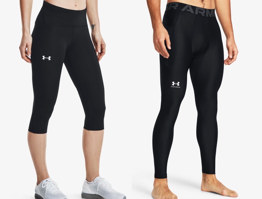 woman and man in black under armour leggings