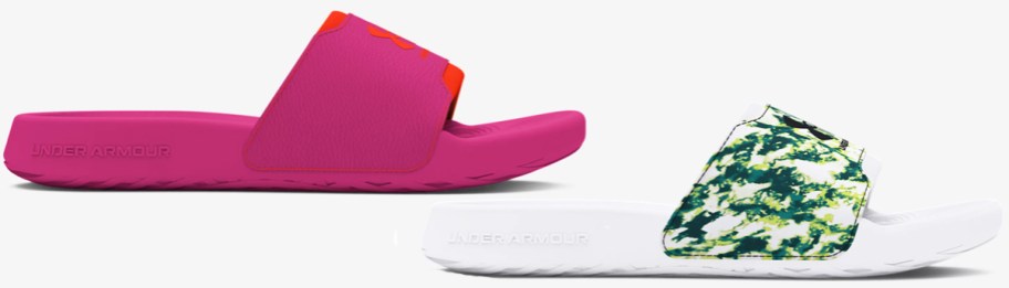 pink and green/white under armour slides