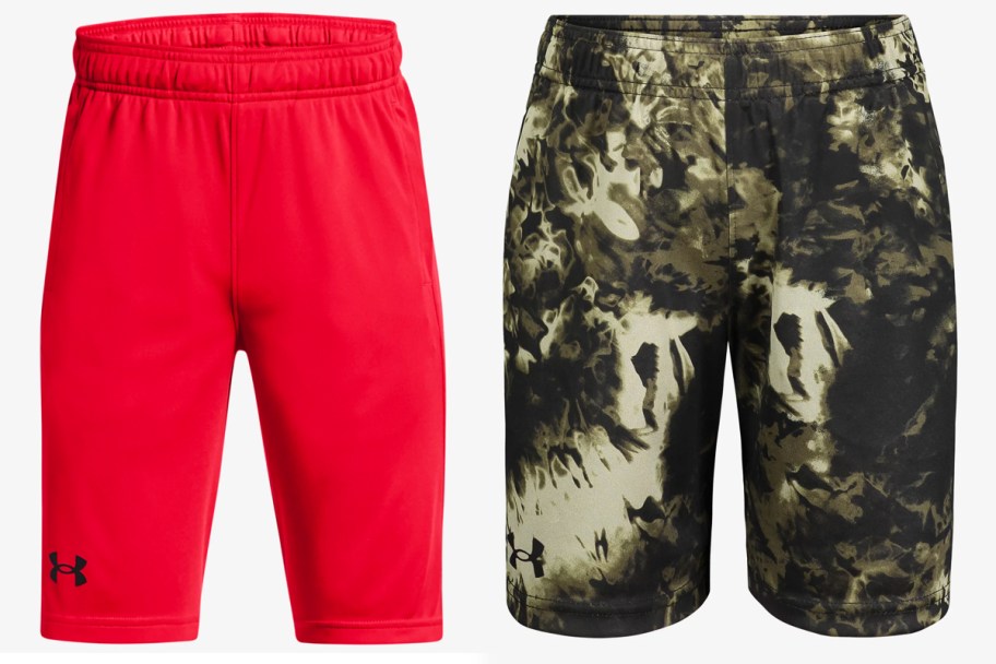 red and camo print pairs of shorts