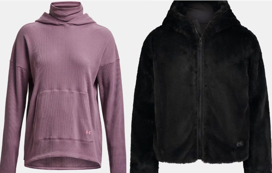 Stock images of an under Armour women's funnel neck and a girls cozy jacket