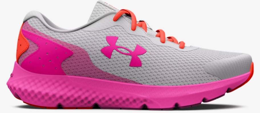 light grey and bright pink under armour running shoe
