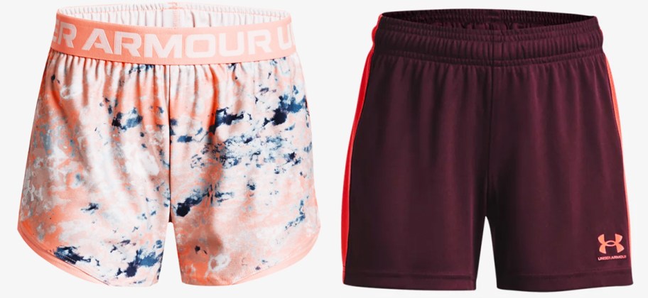 pairs of orange and maroon under armour shorts