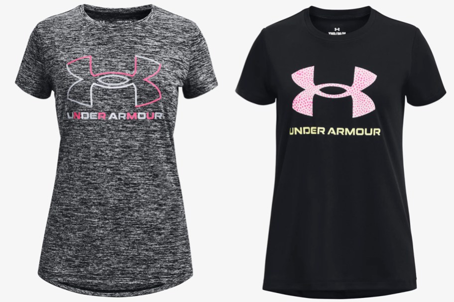 grey and black under armour graphic tees