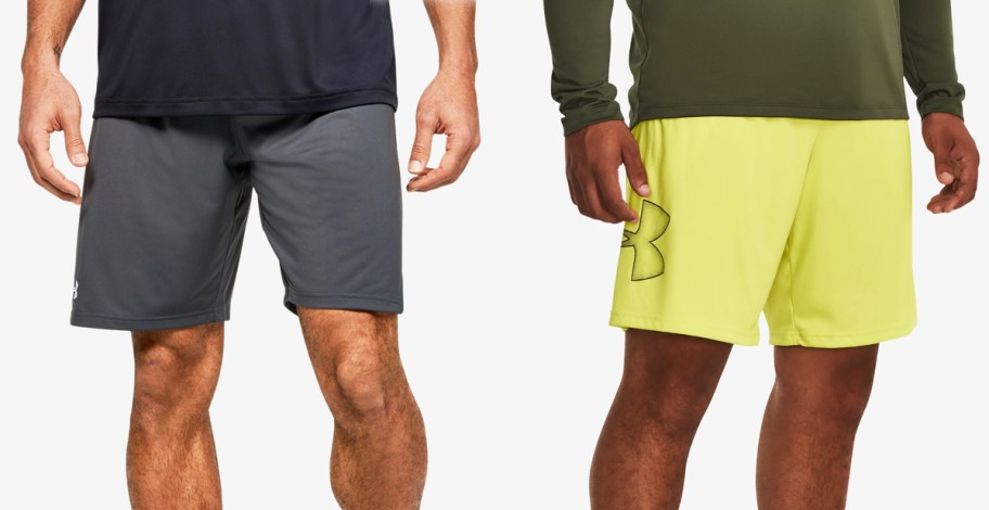 two men in grey and yellow under armour shorts