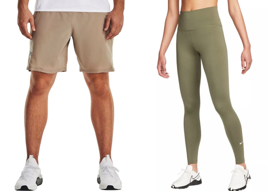 man in tan under armour shorts and woman in green nike leggings