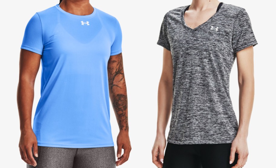 women in blue and grey t-shirts