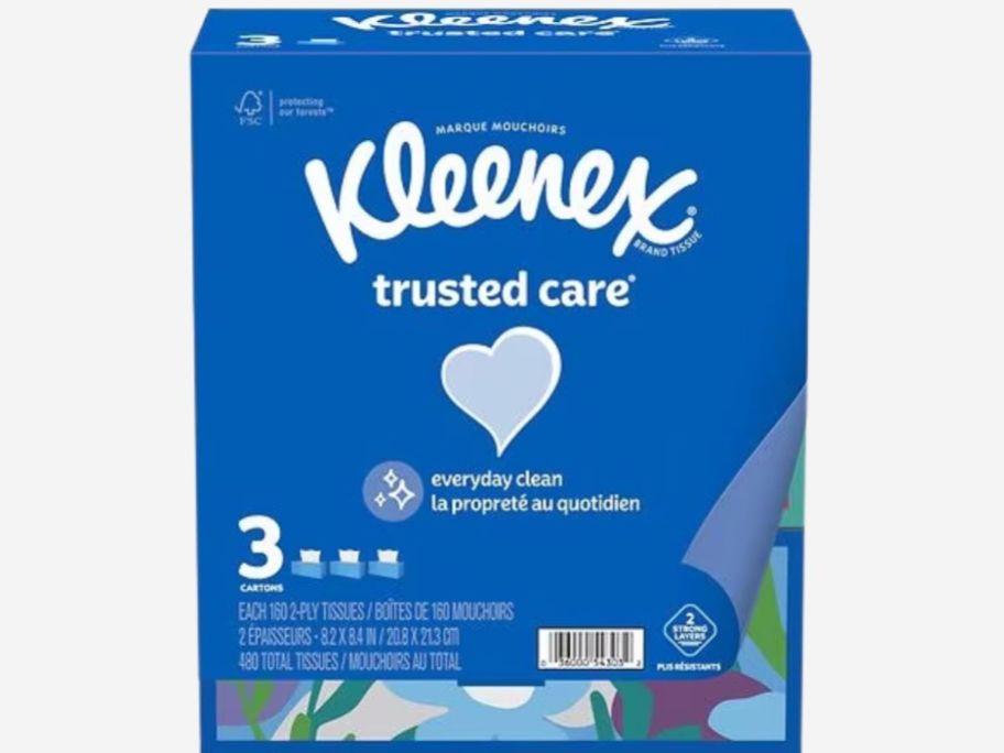 Kleenex Trusted Care 3-Pack shown in packaging with wrapper around them