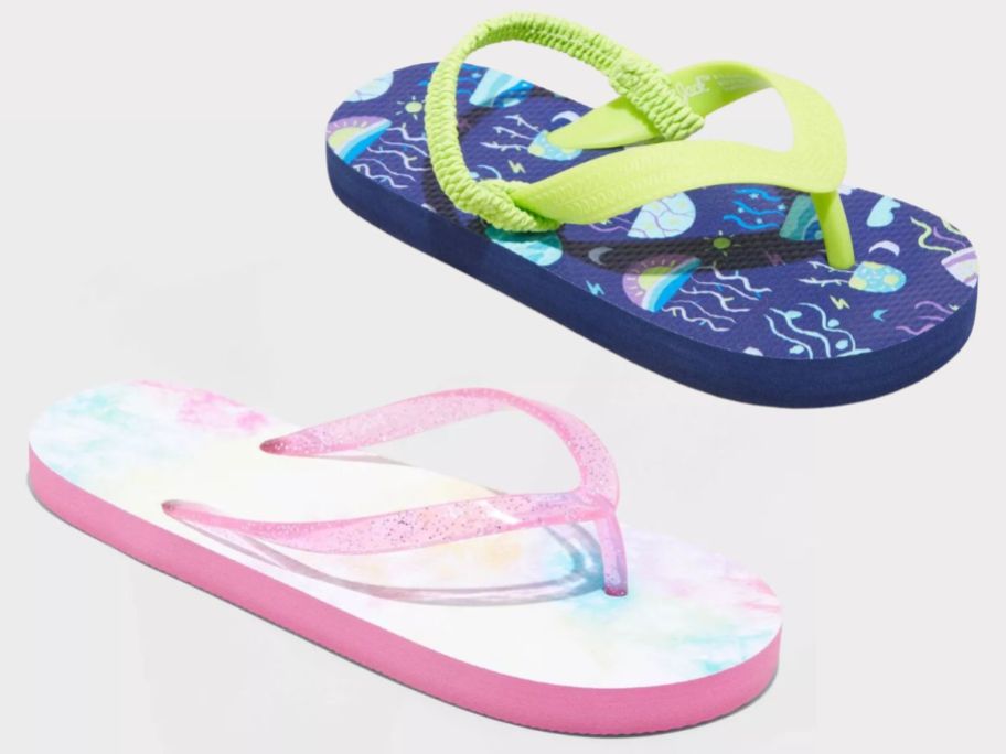 pink little girl's flip flop and glue and green toddler flip flop with strap