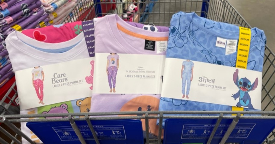women's Care Bears, Jack & Sally and Stitch 2 pc Pajama Sets in a Sam's Club cart