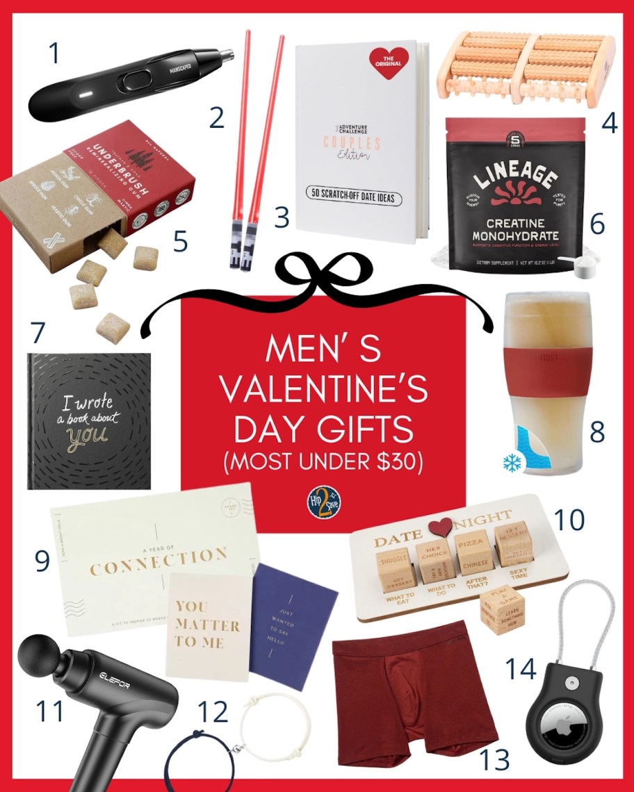 men's valentines day gifts most under $30 collage with various stock photos of items