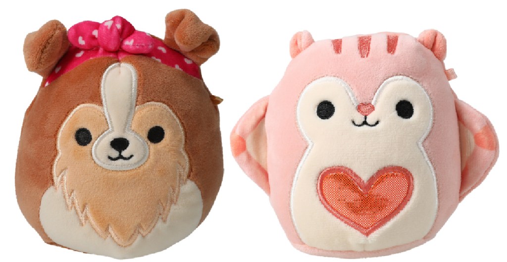Valentines day Squishmallows dog with bandana and squirrel with heart on chest