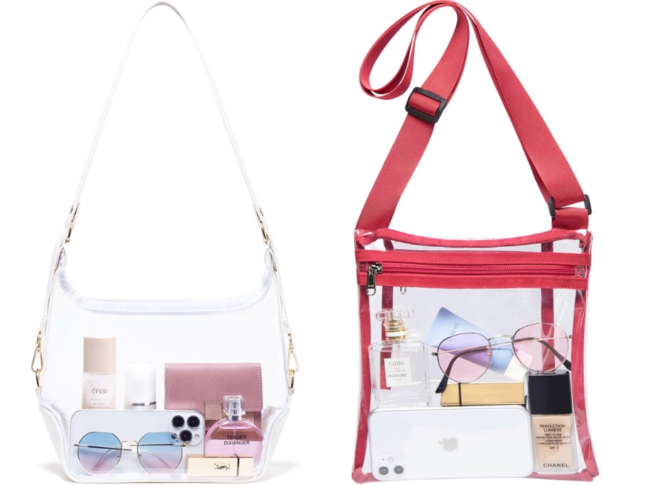 clear/white shoulder bag and clear/red crossbody bag with makeup and iphones inside of them