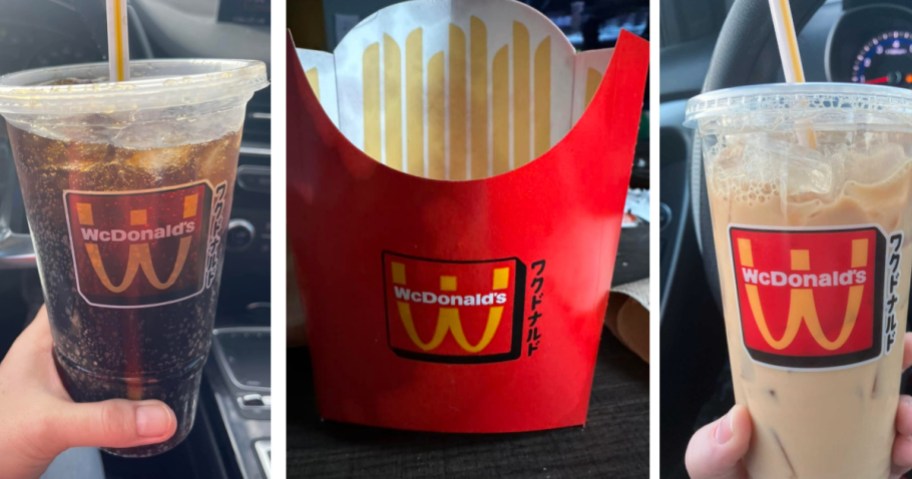 drink containers and french fry packaging featuring wcdonalds logo