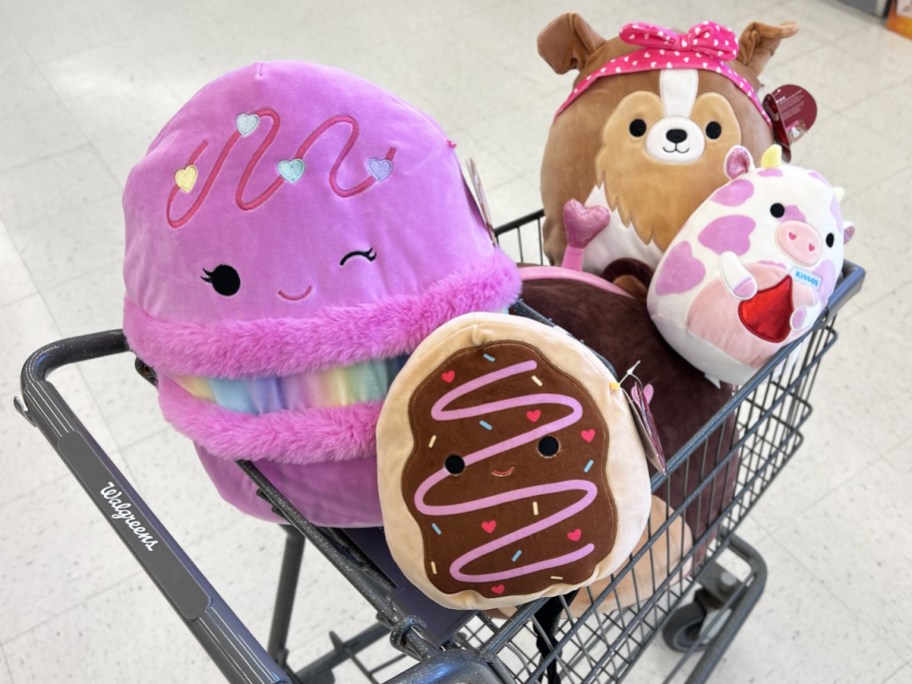 valentine's themed squishmallows plush in walgreens shopping cart