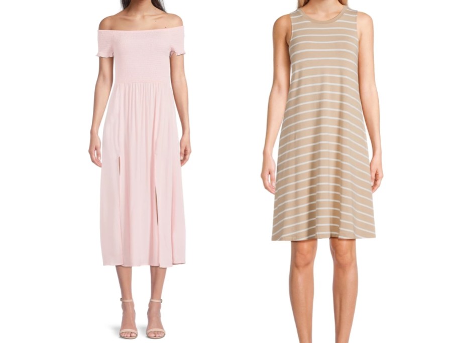 women wearing smocked off the shoulder dress and striped sleeveless dress