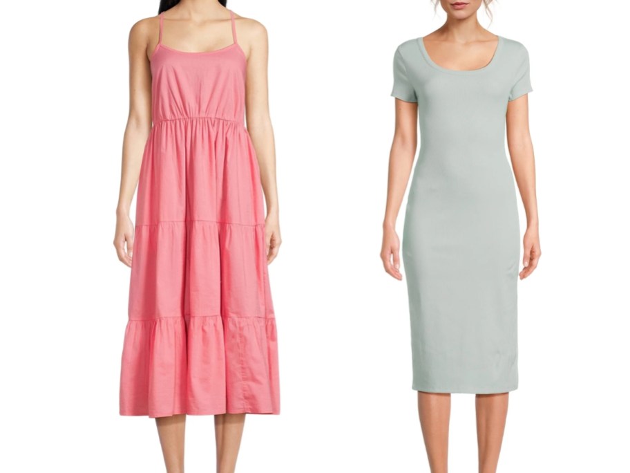 women wearing time and tru tiered dress and no boundaries ribbed dress