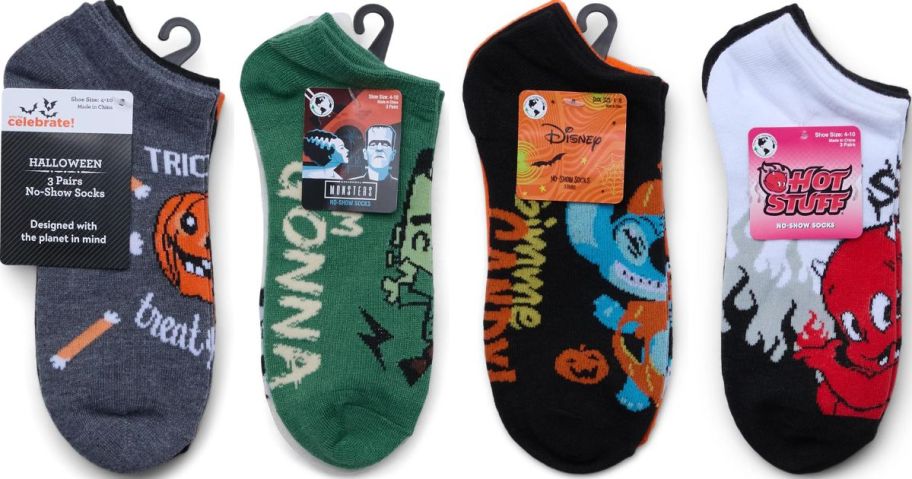 Stock imahes of 4 3-packs of Halloween socks from Walmart