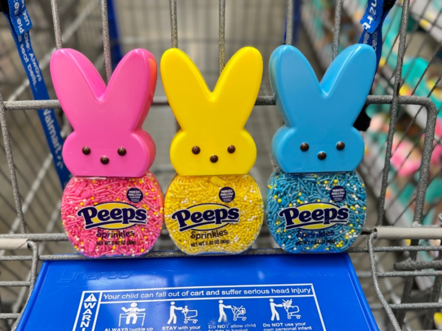 Walmart cart with Easter peeps sprinkles in pink, yellow and blue