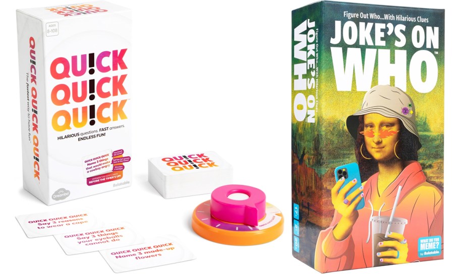boxes for QU!CK QU!CK QU!CK and Jokes on Who card games