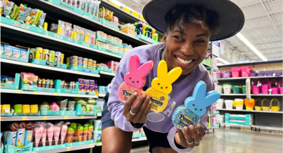 Woman holding easter peeps sprinkles in hand at the store