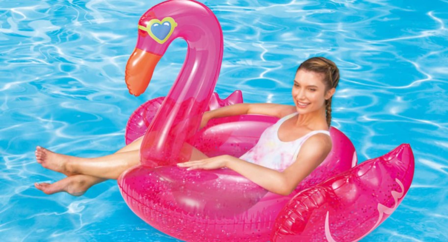 Woman on flamingo float at the pool