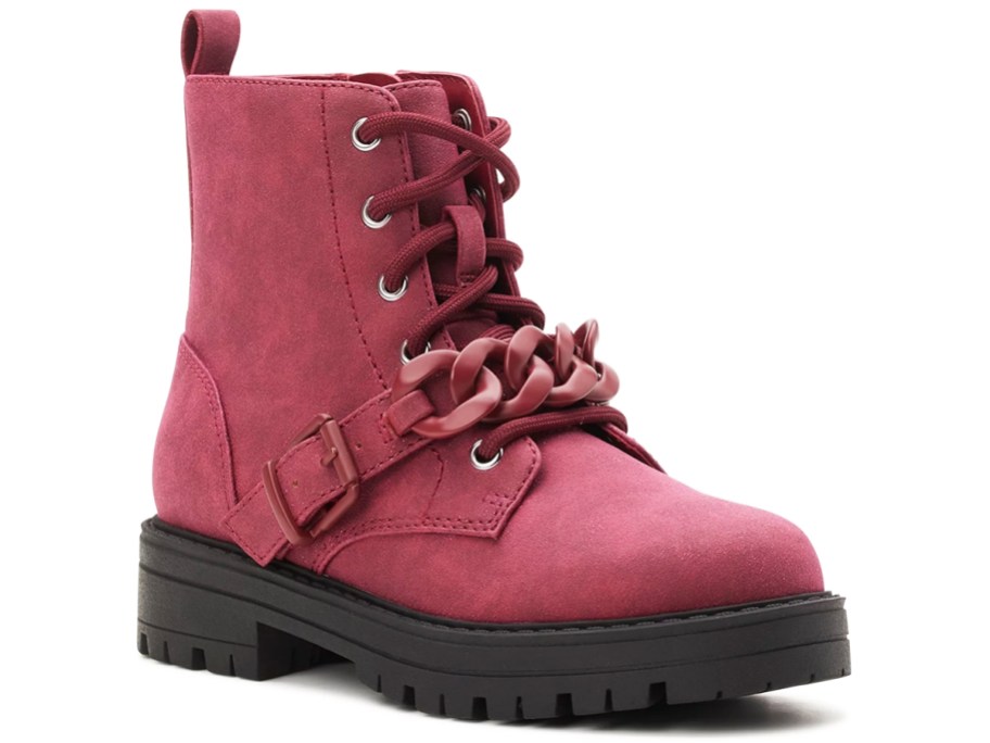 red combat boot with chain detail over laces